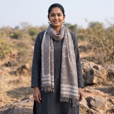Grey Bagru Dabu Hand Block Print Pure Merino Wool Handwoven Natural Dyed Stole, worn by a woman, AI visual of the stole, iTokri