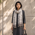 Grey Bagru Dabu Hand Block Print Pure Merino Wool Handwoven Natural Dyed Stole, worn by a woman, AI visual of the stole, iTokri