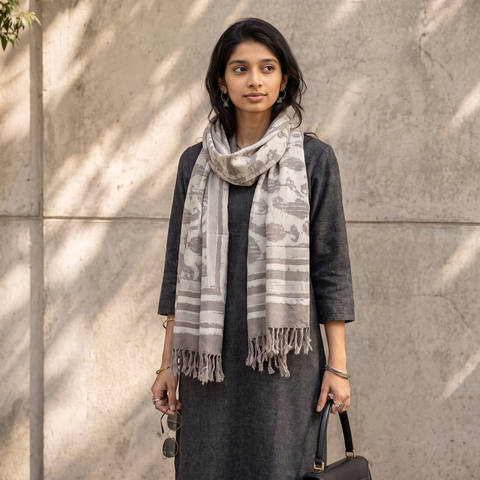 Grey Bagru Dabu Hand Block Print Pure Merino Wool Handwoven Natural Dyed Stole, worn by a woman, AI visual of the stole, iTokri