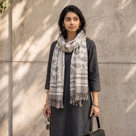 Grey Bagru Dabu Hand Block Print Pure Merino Wool Handwoven Natural Dyed Stole, worn by a woman, AI visual of the stole, iTokri