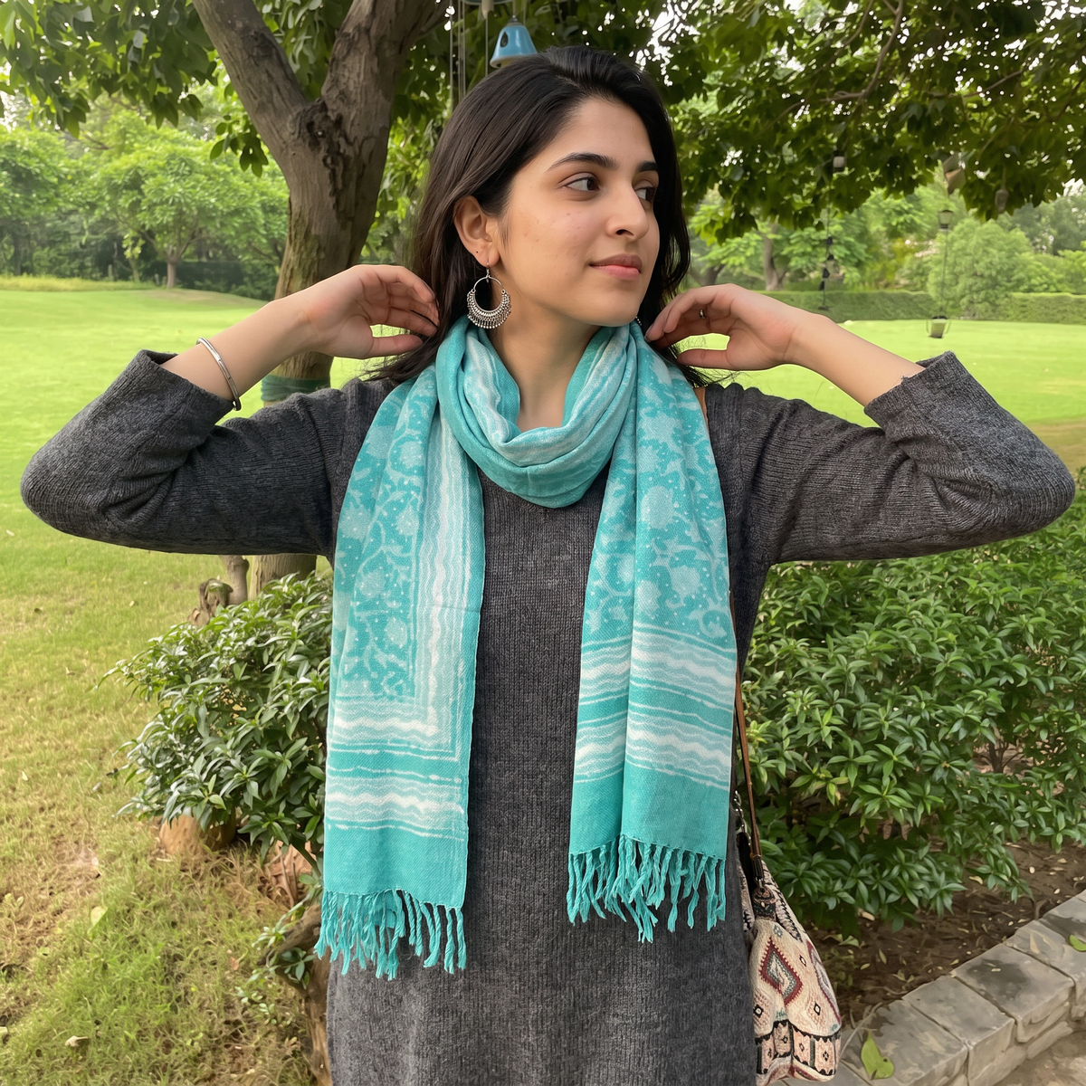 Blue Bagru Dabu Hand Block Print Pure Merino Wool Handwoven Natural Dyed Stole, worn by a woman, AI visual of the stole, iTokri