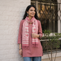 Pink Bagru Dabu Hand Block Print Pure Merino Wool Handwoven Natural Dyed Stole, worn by a woman, AI visual of the stole, iTokri