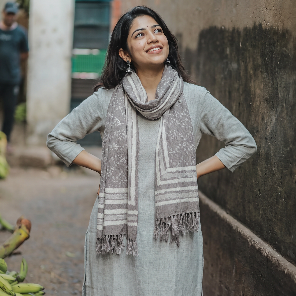 Grey Bagru Dabu Hand Block Print Pure Merino Wool Handwoven Natural Dyed Stole, worn by a woman, AI visual of the stole, iTokri