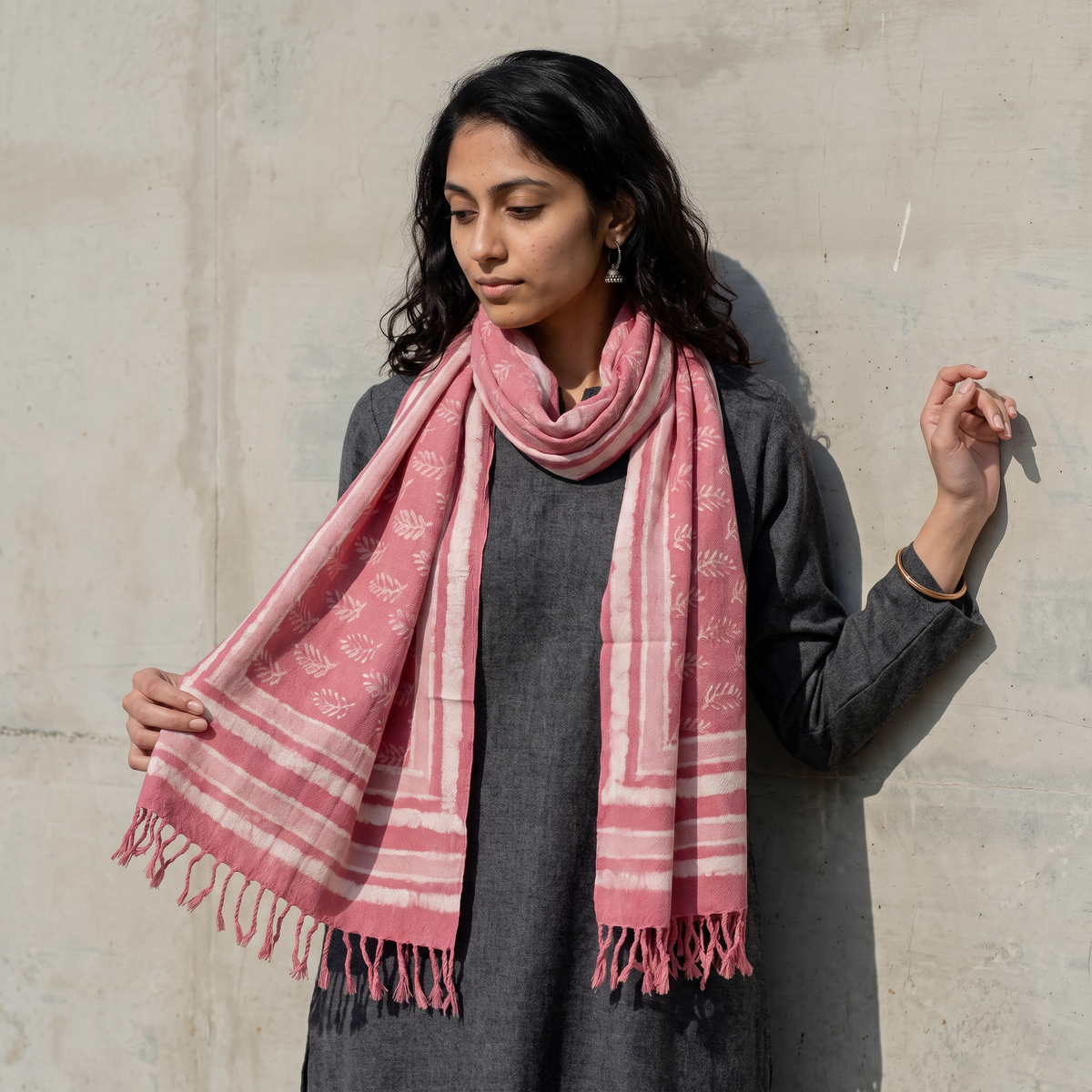 Pink Bagru Dabu Hand Block Print Pure Merino Wool Handwoven Natural Dyed Stole, worn by a woman, AI visual of the stole, iTokri