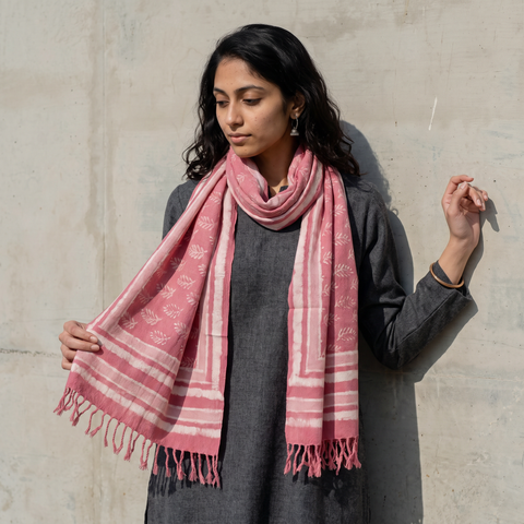 Pink Bagru Dabu Hand Block Print Pure Merino Wool Handwoven Natural Dyed Stole, worn by a woman, AI visual of the stole, iTokri