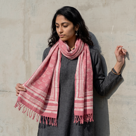 Pink Bagru Dabu Hand Block Print Pure Merino Wool Handwoven Natural Dyed Stole, worn by a woman, AI visual of the stole, iTokri