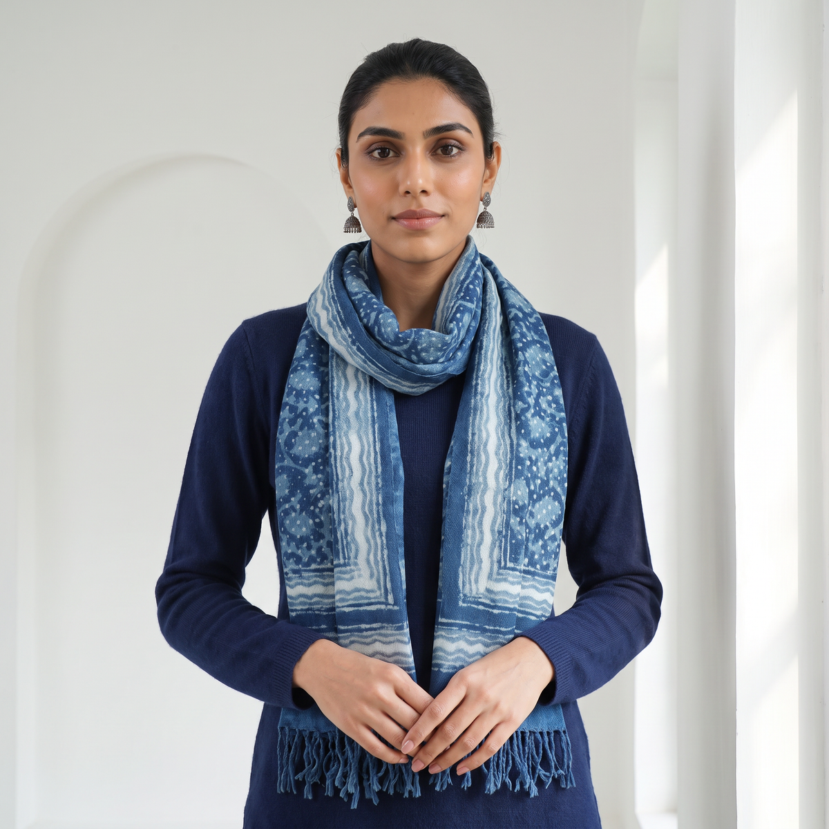 Blue Bagru Dabu Hand Block Print Pure Merino Wool Handwoven Natural Dyed Stole, worn by a woman, AI visual of the stole, iTokri