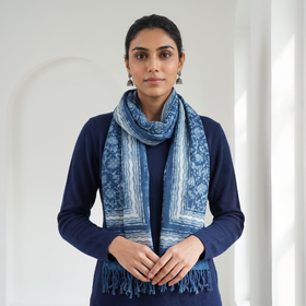 Blue Bagru Dabu Hand Block Print Pure Merino Wool Handwoven Natural Dyed Stole, worn by a woman, AI visual of the stole, iTokri