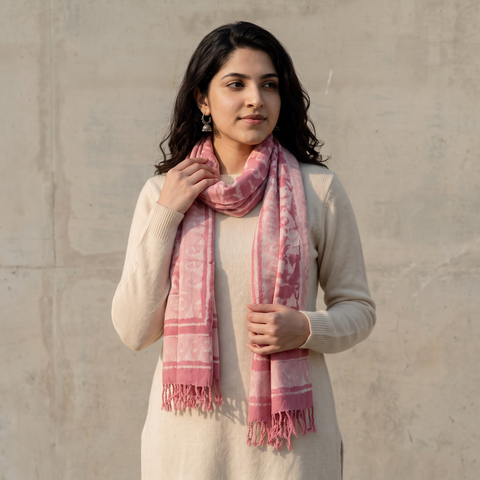 Pink Bagru Dabu Hand Block Print Pure Merino Wool Handwoven Natural Dyed Stole, worn by a woman, AI visual of the stole, iTokri