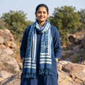 Blue Bagru Dabu Hand Block Print Pure Merino Wool Handwoven Natural Dyed Stole, worn by a woman, AI visual of the stole, iTokri