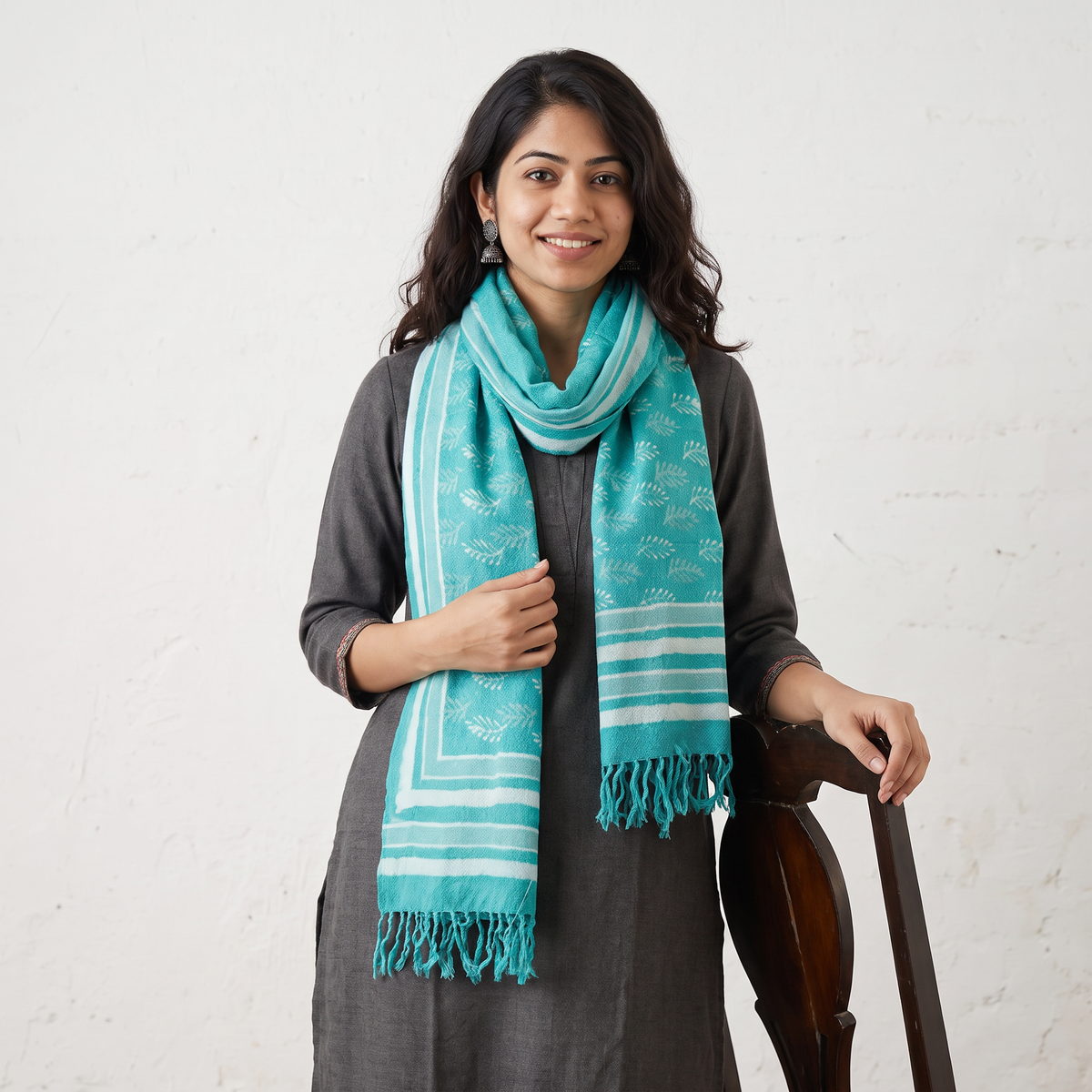 Blue Bagru Dabu Hand Block Print Pure Merino Wool Handwoven Natural Dyed Stole, worn by a woman, AI visual of the stole, iTokri