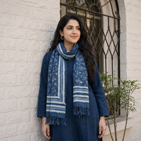 Blue Bagru Dabu Hand Block Print Pure Merino Wool Handwoven Natural Dyed Stole, worn by a woman, AI visual of the stole, iTokri