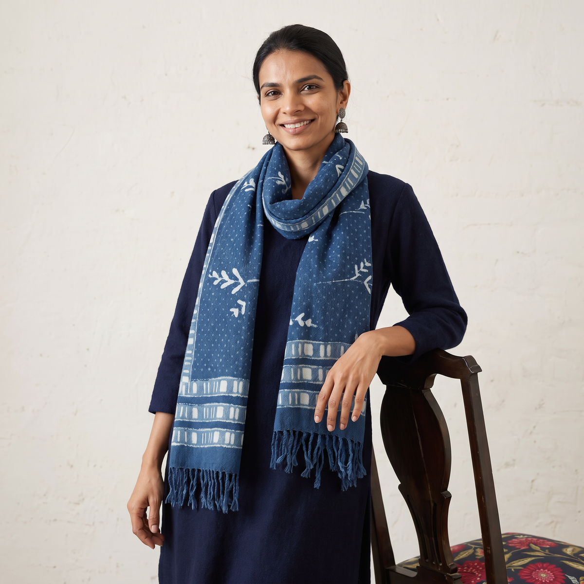 Blue Bagru Dabu Hand Block Print Pure Merino Wool Handwoven Natural Dyed Stole, worn by a woman, AI visual of the stole, iTokri