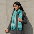 Blue Bagru Dabu Hand Block Print Pure Merino Wool Handwoven Natural Dyed Stole, worn by a woman, AI visual of the stole, iTokri