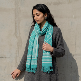 Blue Bagru Dabu Hand Block Print Pure Merino Wool Handwoven Natural Dyed Stole, worn by a woman, AI visual of the stole, iTokri