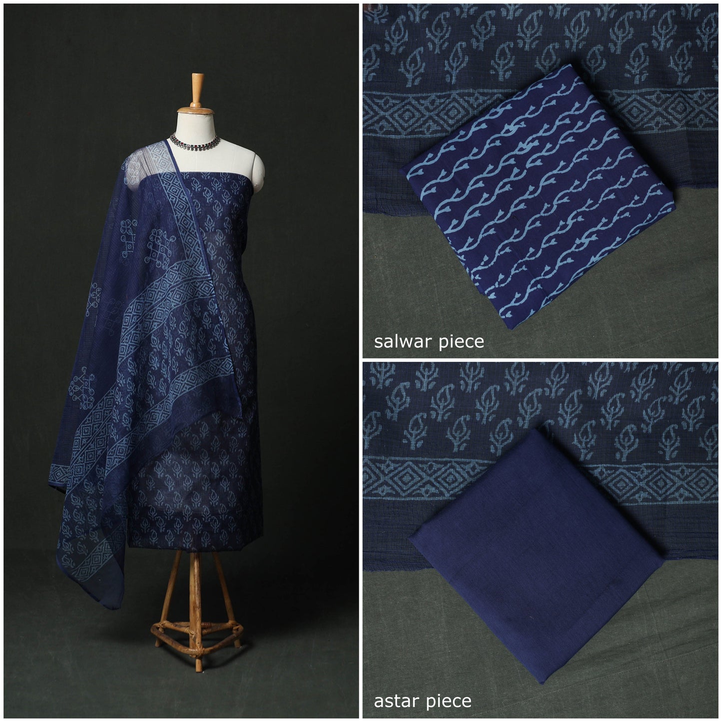 Bagru hand block print kota doria cotton natural dyed 3pc