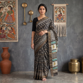Black Bagru Hand Block Print Kota Doria Cotton Saree, draped and worn by a woman, AI visual of the saree, iTokri