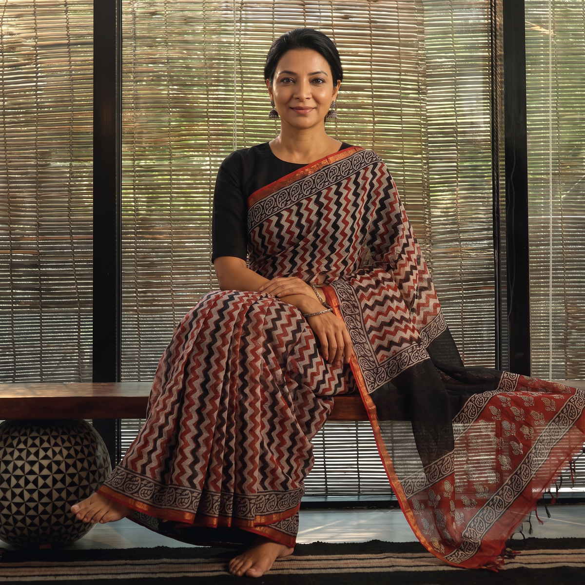Multicolor Bagru Hand Block Print Kota Doria Cotton Saree, draped and worn by a woman, AI visual of the saree, iTokri