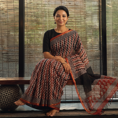 Multicolor Bagru Hand Block Print Kota Doria Cotton Saree, draped and worn by a woman, AI visual of the saree, iTokri