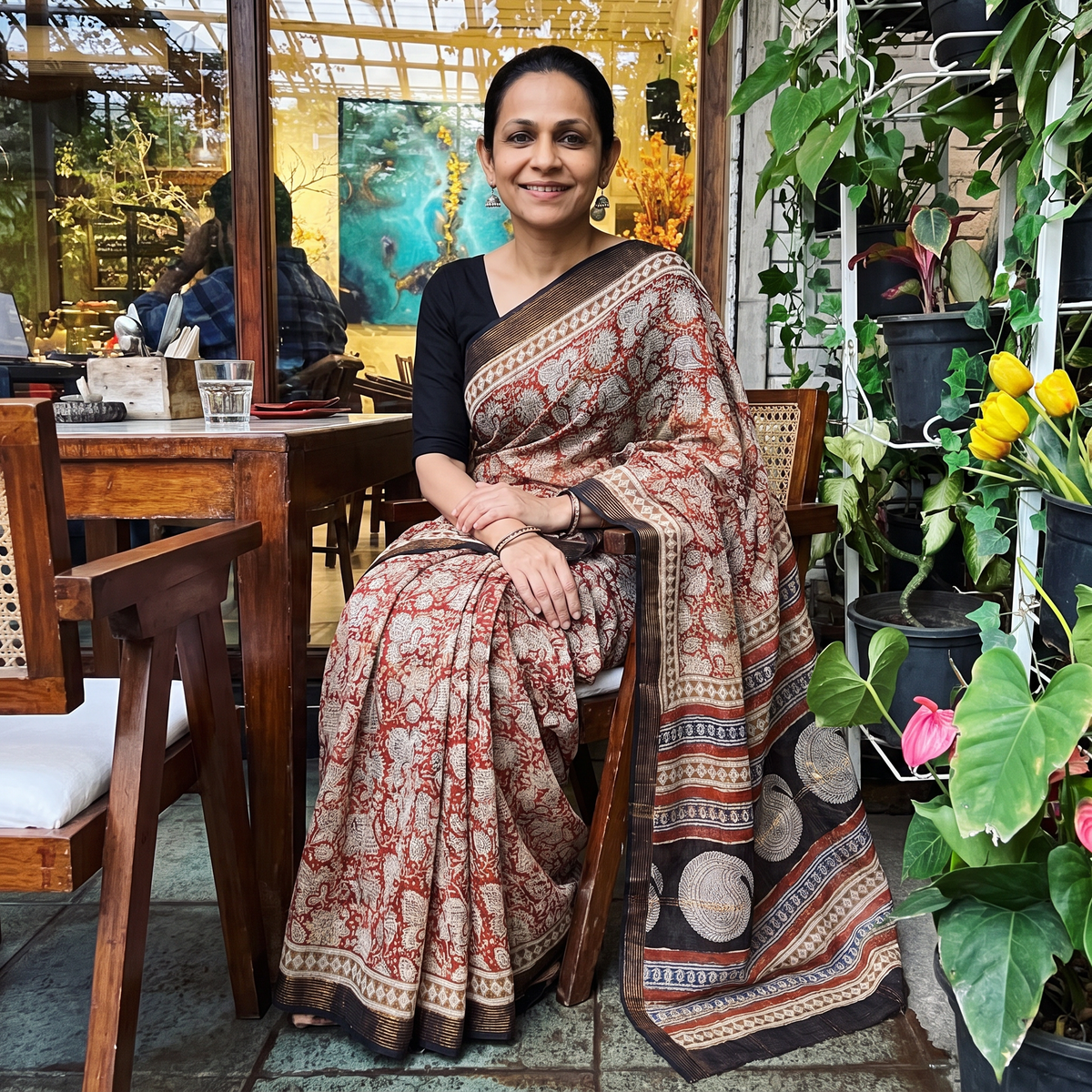Red Bagru Hand Block Print Kota Doria Cotton Saree, draped and worn by a woman, AI visual of the saree, iTokri