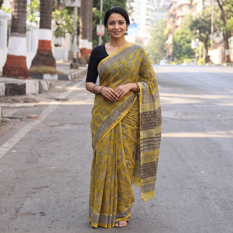 Yellow Bagru Hand Block Print Kota Doria Cotton Saree, draped and worn by a woman, AI visual of the saree, iTokri