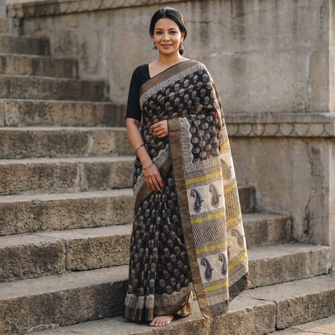 Black Bagru Hand Block Print Kota Doria Cotton Saree, draped and worn by a woman, AI visual of the saree, iTokri