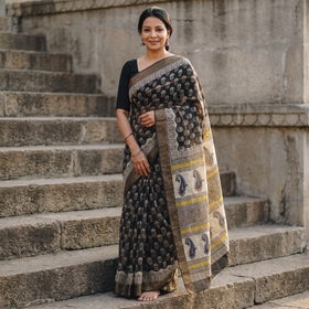 Black Bagru Hand Block Print Kota Doria Cotton Saree, draped and worn by a woman, AI visual of the saree, iTokri