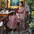 Pink Bagru Hand Block Print Natural Dyed Chanderi Silk Saree, draped and worn by a woman, AI visual of the saree, iTokri
