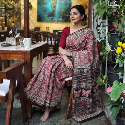 Pink Bagru Hand Block Print Natural Dyed Chanderi Silk Saree, draped and worn by a woman, AI visual of the saree, iTokri