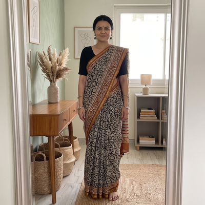Black Bagru Hand Block Print Natural Dyed Chanderi Silk Saree, draped and worn by a woman, AI visual of the saree, iTokri