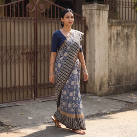 Multicolor Bagru Hand Block Print Natural Dyed Chanderi Silk Saree, draped and worn by a woman, AI visual of the saree, iTokri