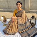 Yellow Bagru Hand Block Print Natural Dyed Chanderi Silk Saree, draped and worn by a woman, AI visual of the saree, iTokri