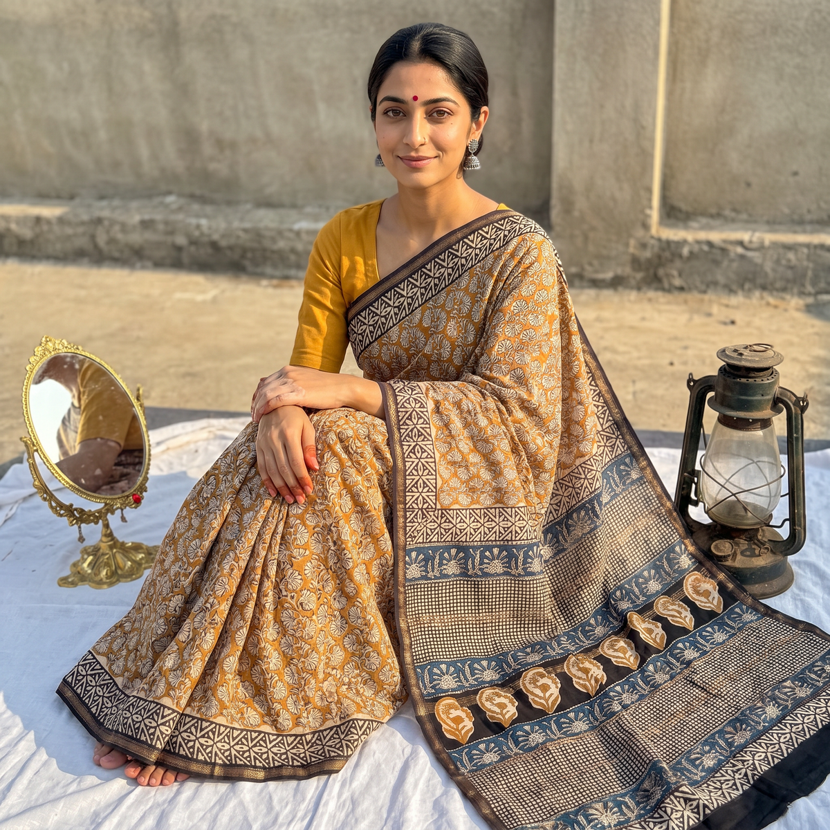 Yellow Bagru Hand Block Print Natural Dyed Chanderi Silk Saree, draped and worn by a woman, AI visual of the saree, iTokri