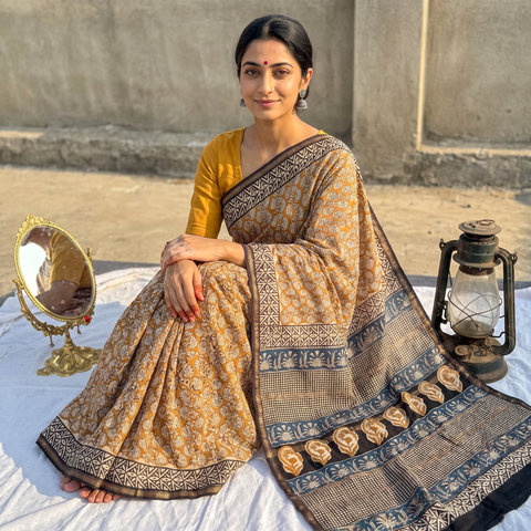 Yellow Bagru Hand Block Print Natural Dyed Chanderi Silk Saree, draped and worn by a woman, AI visual of the saree, iTokri