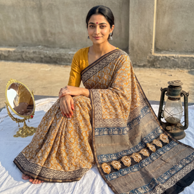 Yellow Bagru Hand Block Print Natural Dyed Chanderi Silk Saree, draped and worn by a woman, AI visual of the saree, iTokri