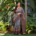 Blue Bagru Hand Block Print Natural Dyed Chanderi Silk Saree, draped and worn by a woman, AI visual of the saree, iTokri