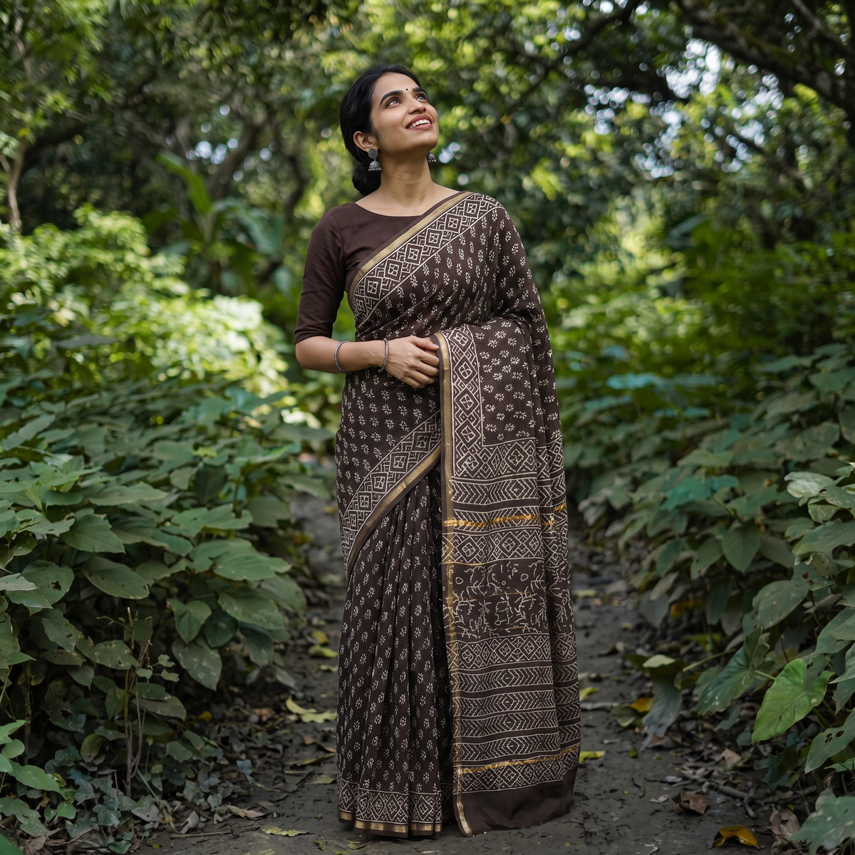 Brown Bagru Hand Block Print Natural Dyed Chanderi Silk Saree, draped and worn by a woman, AI visual of the saree, iTokri
