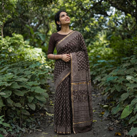 Brown Bagru Hand Block Print Natural Dyed Chanderi Silk Saree, draped and worn by a woman, AI visual of the saree, iTokri