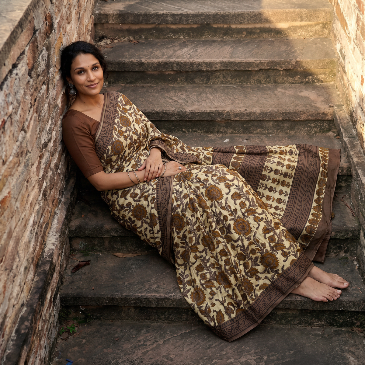 Brown Bagru Hand Block Print Natural Dyed Modal Silk Saree, draped and worn by a woman, AI visual of the saree, iTokri