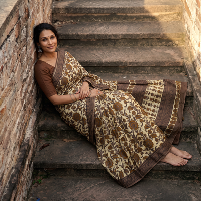Brown Bagru Hand Block Print Natural Dyed Modal Silk Saree, draped and worn by a woman, AI visual of the saree, iTokri