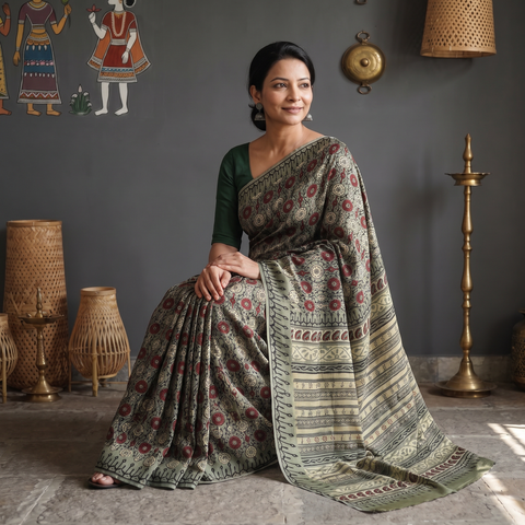 Green Bagru Hand Block Print Natural Dyed Modal Silk Saree, draped and worn by a woman, AI visual of the saree, iTokri