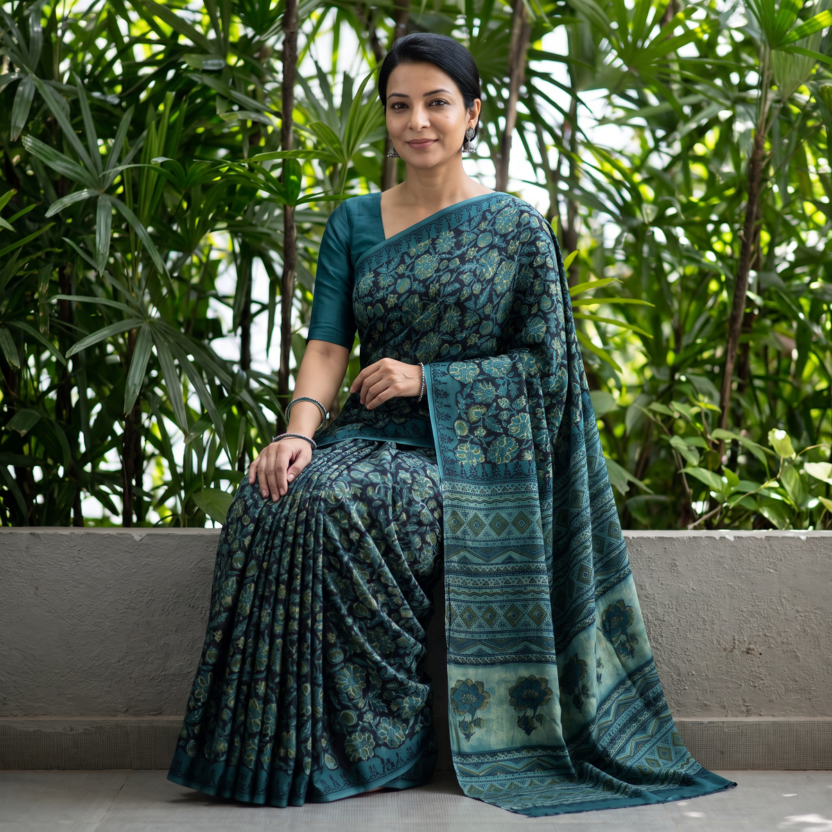 Blue Bagru Hand Block Print Natural Dyed Modal Silk Saree, draped and worn by a woman, AI visual of the saree, iTokri