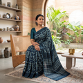 Blue Bagru Hand Block Print Natural Dyed Modal Silk Saree, draped and worn by a woman, AI visual of the saree, iTokri