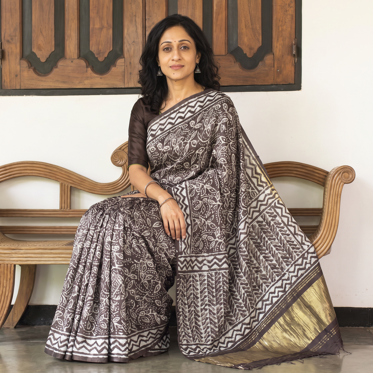 Brown Bagru Hand Block Print Natural Dyed Modal Silk Saree, draped and worn by a woman, AI visual of the saree, iTokri
