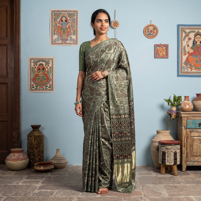 Green Bagru Hand Block Print Natural Dyed Modal Silk Saree, draped and worn by a woman, AI visual of the saree, iTokri