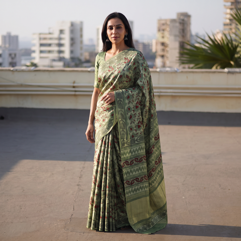 Green Bagru Hand Block Print Natural Dyed Modal Silk Saree, draped and worn by a woman, AI visual of the saree, iTokri