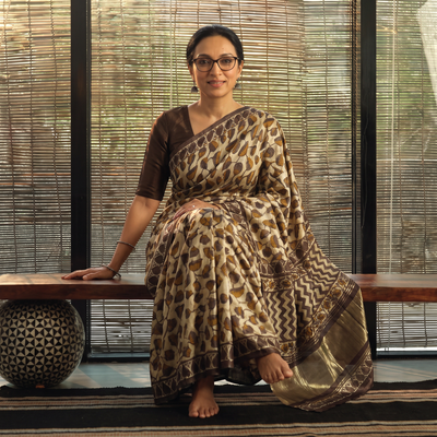 Brown Bagru Hand Block Print Natural Dyed Modal Silk Saree, draped and worn by a woman, AI visual of the saree, iTokri