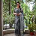Grey Bagru Hand Block Print Natural Dyed Modal Silk Saree, draped and worn by a woman, AI visual of the saree, iTokri