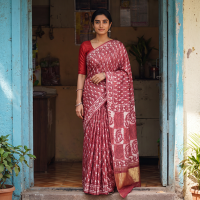 Pink Bagru Hand Block Print Natural Dyed Modal Silk Saree, draped and worn by a woman, AI visual of the saree, iTokri