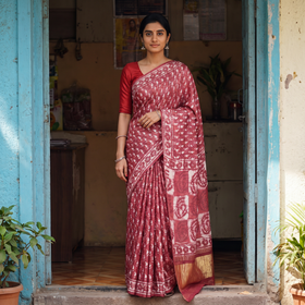 Pink Bagru Hand Block Print Natural Dyed Modal Silk Saree, draped and worn by a woman, AI visual of the saree, iTokri